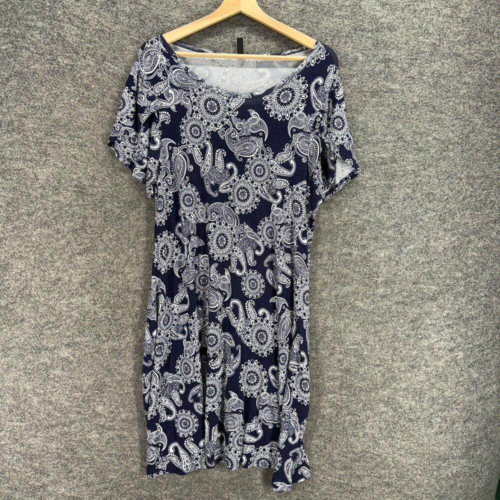 Hotgift Dress Women XL Black Geometric Shift Midi Round Neck Short Sleeve Rayon